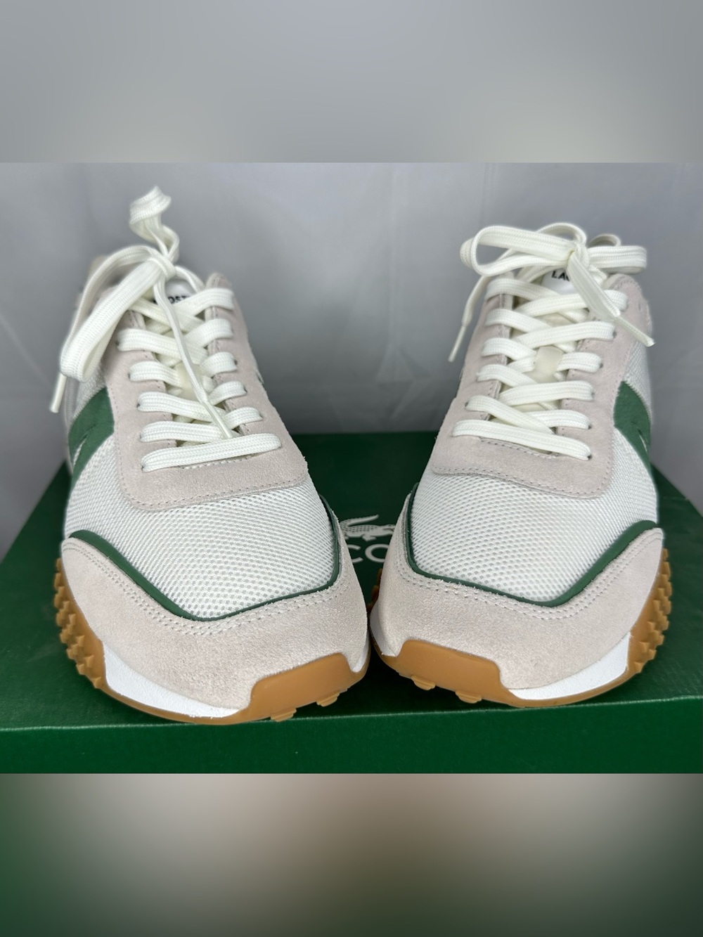 Lacoste White, Beige & Green Retro Runner Sneakers